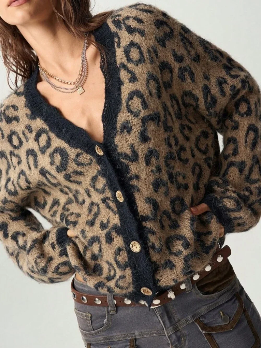 Tan & Black Leopard Print Cardigan, Oversized Knit